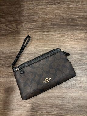 Coach Brown and Black Signature Zip Wristlet with Gold Logo
